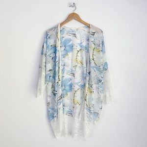 Boutique Tropical Floral Lace Trim Sheer Beach Cover/ Kimono One Size White/Blue